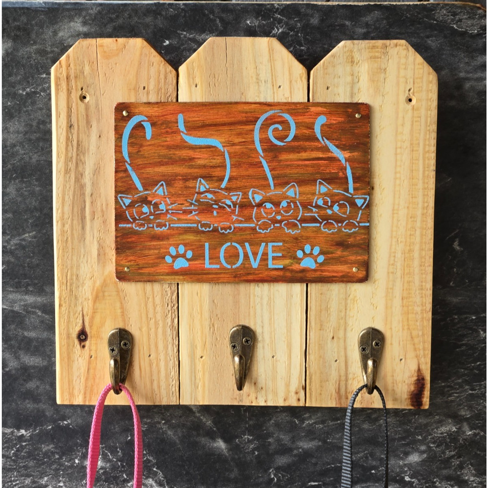 Cat Leash / Key Holder, Rustic, 3 Metal Hooks, Handmade, Solid Wood, 4 Cat Lover